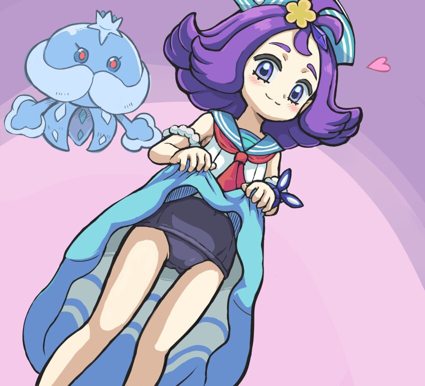 1girl acerola_(pokemon) acerola_(summer_2024)_(pokemon) aqua_hat aqua_skirt armband blue_eyes blush closed_mouth clothes_lift commentary_request eyelashes flipped_hair gen_5_pokemon hair_ornament hat heart highres jellicent jellicent_(male) lifting_own_clothes looking_down neckerchief nintendo official_alternate_costume pink_background pokemon pokemon_(creature) pokemon_masters_ex purple_hair red_neckerchief sailor_collar shirt skirt skirt_lift sleeveless sleeveless_shirt smile split_mouth swimsuit swimsuit_under_clothes takamame topknot white_shirt wrist_cuffs
