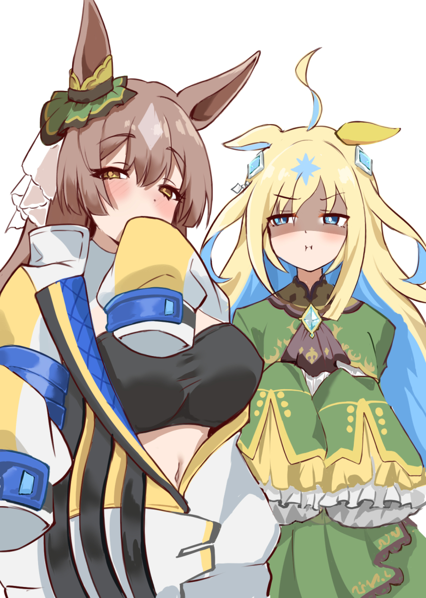 2girls :i ahoge animal_ears ascot asymmetrical_sidelocks bandeau black_ascot black_bandeau blonde_hair blue_eyes blue_gemstone blue_hair blunt_tresses breast_envy breasts bright_pupils brown_hair colored_inner_hair commentary commission cosplay costume_switch ear_ornament ears_down envy frilled_sleeves frills fumitonkatsu gem hair_between_eyes highres horse_ears horse_girl jacket large_breasts layered_sleeves light_brown_hair long_hair long_sleeves looking_at_viewer midriff multicolored_hair multiple_girls navel neo_universe_(umamusume) neo_universe_(umamusume)_(cosplay) open_clothes open_jacket satono_diamond_(umamusume) satono_diamond_(umamusume)_(cosplay) sidelocks sideways_glance skeb_commission sleeves_past_fingers sleeves_past_wrists two-tone_hair umamusume