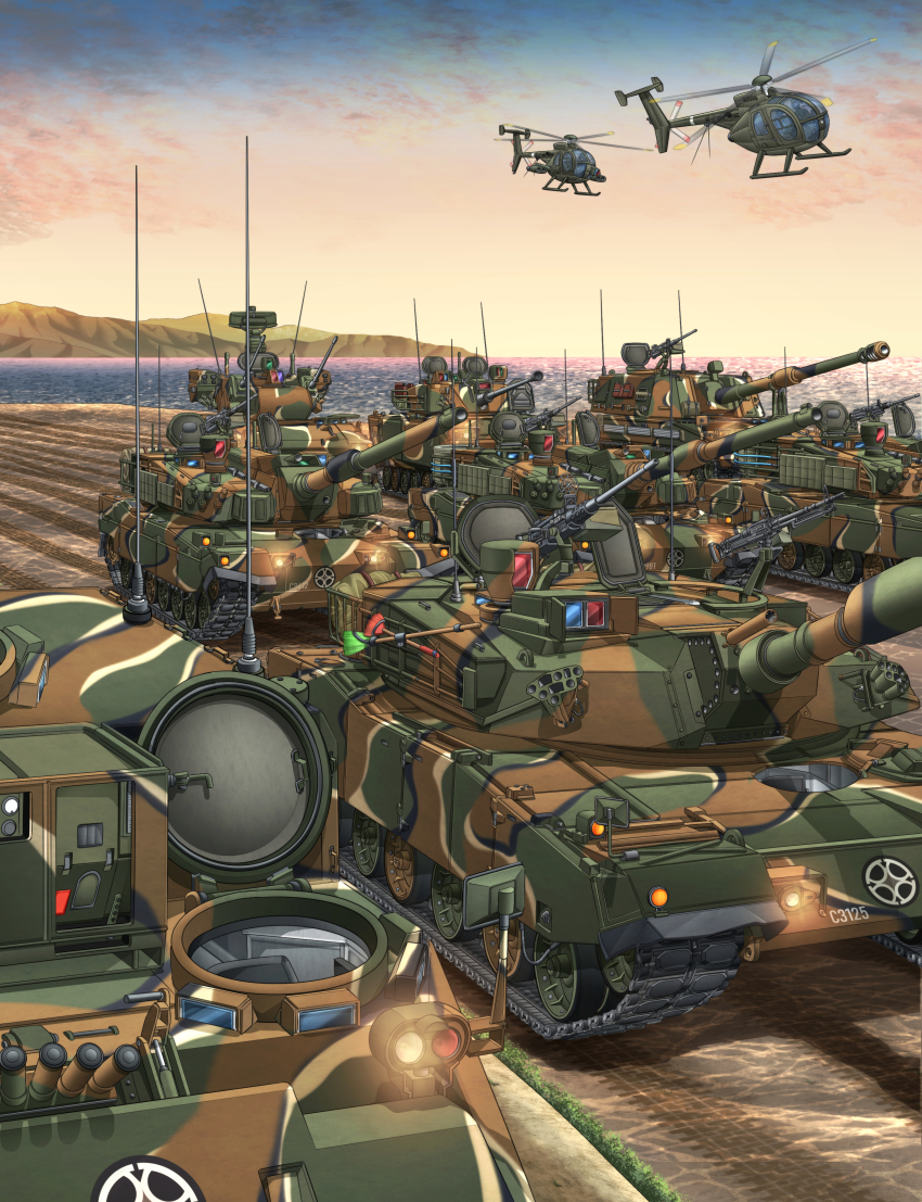 4others absurdres aircraft ambiguous_gender anti-aircraft anti-aircraft_gun browning_m2 combat_helmet gun heavy_machine_gun helicopter helmet highres holding holding_gun holding_weapon howitzer jacket k1_(tank) k1a1 k2_(tank) k2_black_panther k30_biho k9_thunder looking_at_viewer m60_(machine_gun) machine_gun mh-6_little_bird mikeran_(mikelan) military military_uniform military_vehicle motor_vehicle mountain multiple_girls multiple_others ocean orange_eyes original outdoors pants pouch radio_antenna republic_of_korea_army rifle self-propelled_anti-aircraft-gun self-propelled_artillery self-propelled_gun sidelocks smile standing sunglasses tank trigger_discipline twilight v v-shaped_eyebrows vehicle_focus water weapon