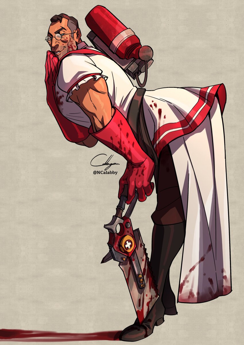1boy absurdres backpack bag bara black_hair blood blood_on_clothes blood_on_face bloody_weapon bonesaw boots cabbage_(ncalabby) crossdressing dress elbow_gloves facial_hair glasses gloves grey_hair highres long_coat mature_male medic_(tf2) muscular muscular_male pants pants_under_skirt puffy_short_sleeves puffy_sleeves red_medic_(tf2) rubber_gloves saw short_sleeves skirt solo stubble team_fortress_2 weapon