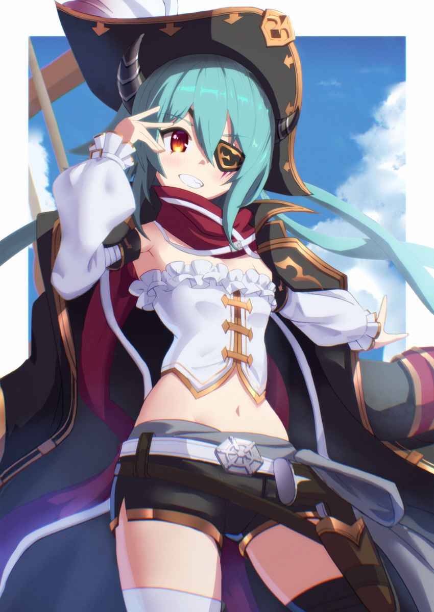 1girl anna_(pirate)_(princess_connect!) anna_(princess_connect!) asymmetrical_legwear belt black_horns boots eyepatch green_hair hat highres horns navel official_alternate_costume okg pirate pirate_costume pirate_hat princess_connect! red_eyes red_scarf scarf shirt solo strapless strapless_shirt thighhighs thighhighs_under_boots white_belt white_sleeves