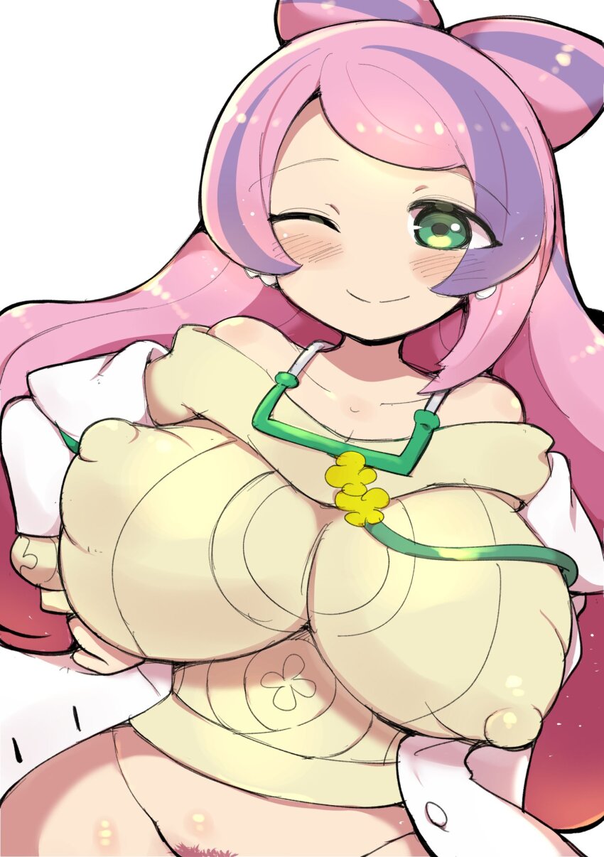 1girl blush bottomless breasts chibi collarbone colored_pubic_hair covered_erect_nipples facing_viewer female_pubic_hair green_eyes hand_on_own_hip highres huge_breasts lab_coat large_breasts miriam_(pokemon) multicolored_hair nekoyuu nintendo one_eye_closed pink_hair pokemon pokemon_sv pubic_hair purple_hair smile solo stethoscope sweater two-tone_hair upper_body white_background wide_hips