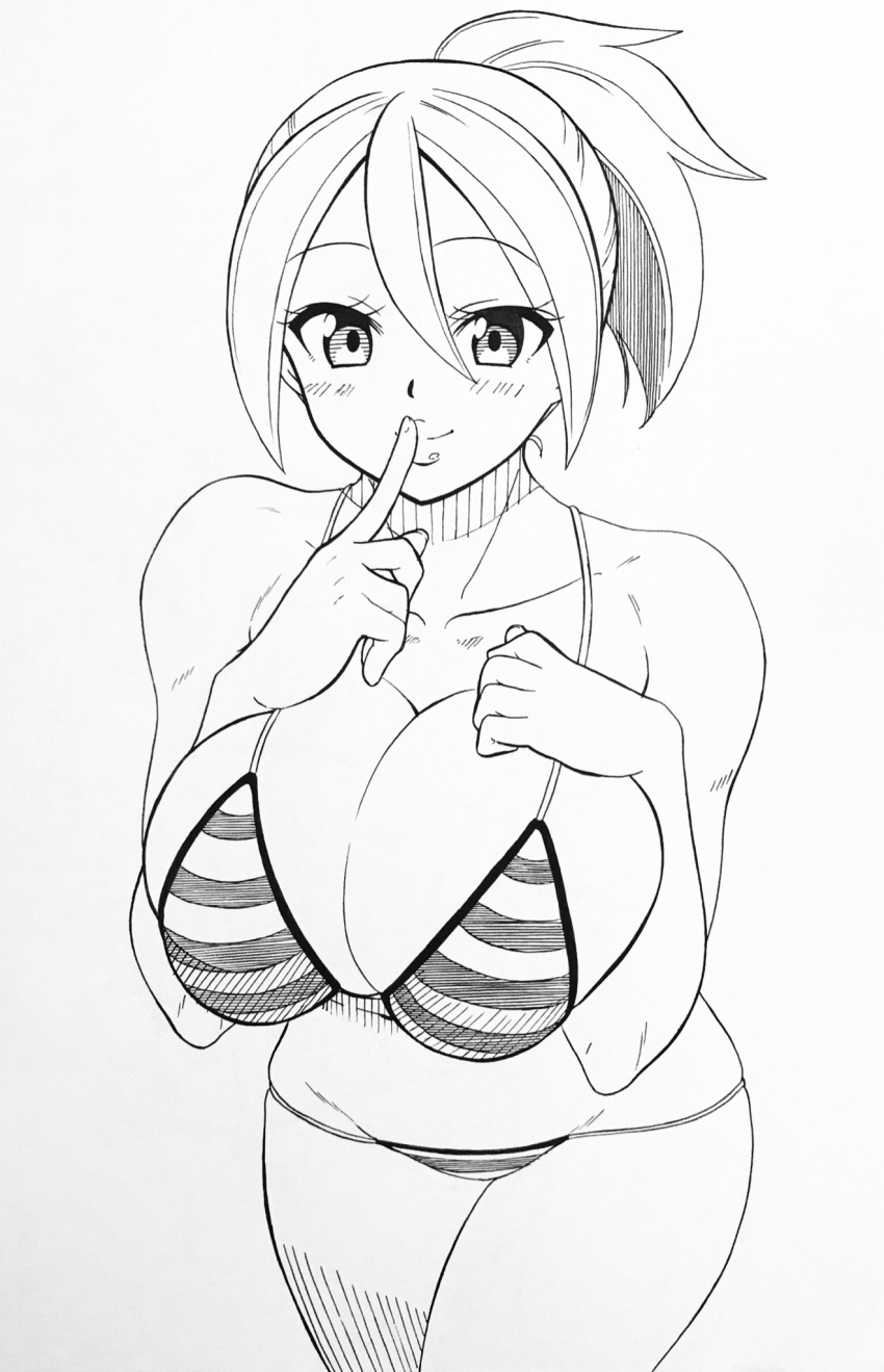 1girl alternate_breast_size artist_request bikini breast_press breasts hands_on_own_chest highres hope_stelar_(mega_man) large_breasts lips long_hair mega_man_(series) mega_man_star_force_(series) monochrome ponytail shiny_skin smile solo string_bikini swimsuit wide_hips
