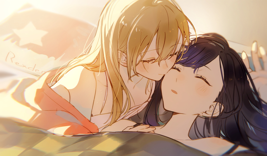 2girls azusawa_kohane black_camisole black_hair blonde_hair blush camisole chinese_commentary closed_eyes commentary_request highres jingzhaowhale kiss kissing_cheek light_particles long_hair multiple_girls open_mouth project_sekai shiraishi_an sleeping spaghetti_strap under_covers white_camisole yuri