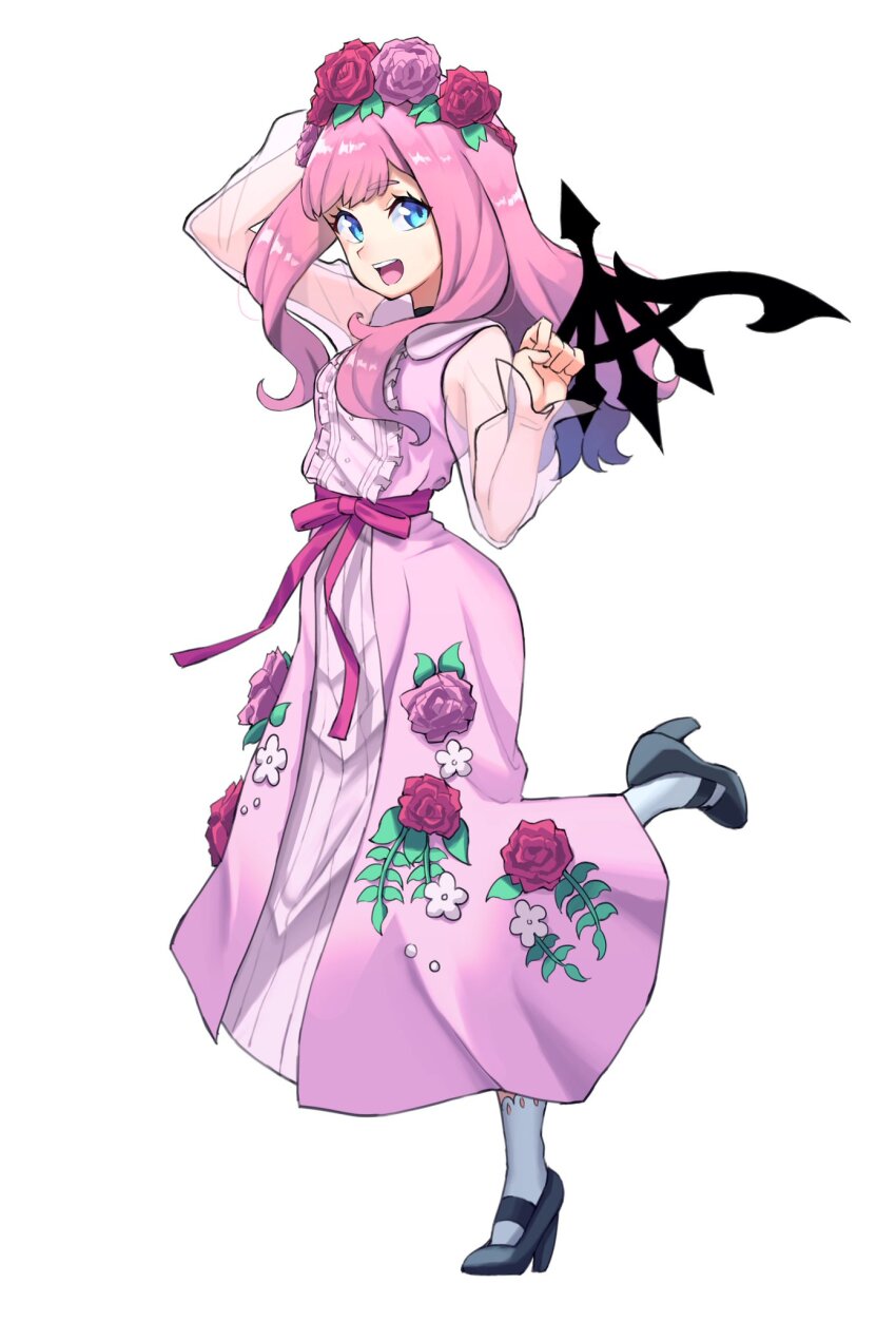 1girl atarashi_coco black_shoes black_wings blue_eyes dress floral_print floral_print_dress flower hair_flower hair_ornament highres long_dress long_hair open_mouth pink_hair pink_ribbon print_dress ribbon see-through_clothes see-through_sleeves shin_subarashiki_kono_sekai shoes smile spiked_wings standing standing_on_one_leg subarashiki_kono_sekai waist_ribbon wings