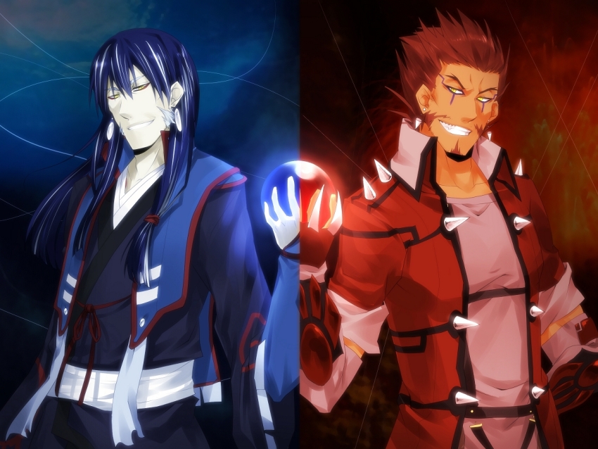2boys arm_at_side arm_behind_back armor ball belt blue_armor blue_background blue_capelet blue_hair blue_kimono capelet creatures_(company) crystal_ball dress_shirt facial_hair facial_mark facing_away facing_to_the_side fingerless_gloves fire game_freak gauntlets gen_3_pokemon gloves goatee goatee_stubble grey_shirt grin groudon gurast hair_slicked_back hand_in_pocket holding holding_ball japanese_clothes kimono kyogre legendary_pokemon looking_at_viewer male_focus mature_male multiple_boys nintendo open_clothes open_shirt personification pokemon pokemon_oras popped_collar red_armor red_background red_gloves red_hair red_shirt scar scar_on_face shirt shoulder_spikes side-by-side sideburns sleeves_rolled_up smile spikes stubble two-tone_background vignetting water white_belt white_hair white_shirt yellow_eyes