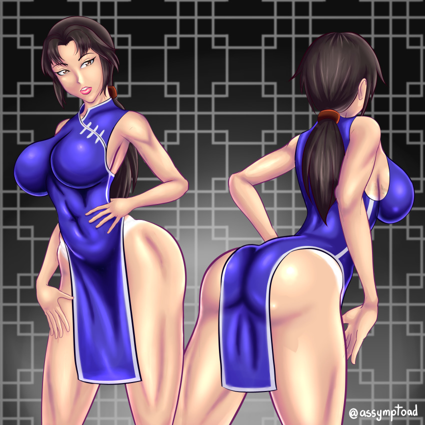 1girl absurdres ass ass_focus ass_peek assymptoad blue_dress breasts brown_hair china_dress chinese_clothes dress highres hong_xiu_ying large_breasts multiple_views ponytail sega shenmue shenmue_ii sideboob sleeveless tan tanline wide_hips