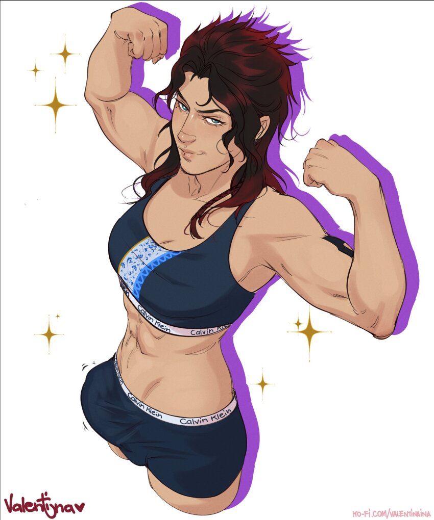1futa abs artist_name black_male_underwear black_sports_bra blue_eyes breasts brown_hair bulge calvin_klein clenched_hands clothes_writing flexing futanari highres ko-fi_username looking_at_viewer male_underwear medium_breasts multicolored_sports_bra original simple_background solo sparkle sports_bra underwear underwear_writing valentina_tavolilla watermark web_address white_background