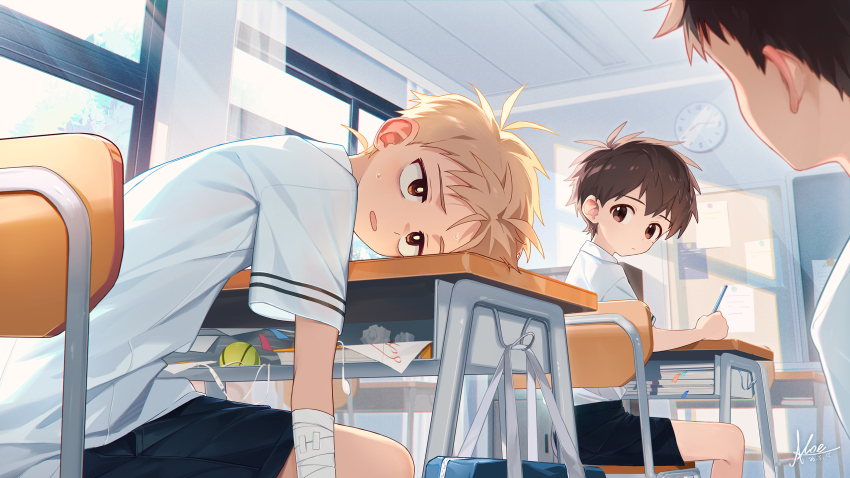 3boys bag ball bandaged_arm bandages black_shorts blonde_hair book brown_eyes brown_hair chair classroom clock closed_mouth crumpled_paper desk earphones earphones_removed highres indoors koe_(mixpi) multiple_boys original paper school_bag school_chair school_desk shirt shorts sitting spiked_hair sweat tennis_ball white_shirt window