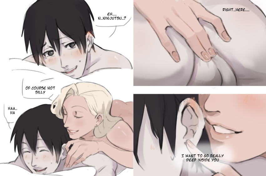 1boy 1girl absurdres anal_male ass blonde_hair blush boruto:_naruto_next_generations couple female_fingering_male fingering highres husband_and_wife monday_mint naruto_(classic) naruto_(series) nude on_bed pale_skin sai simple_background teasing testicles whispering yamanaka_ino