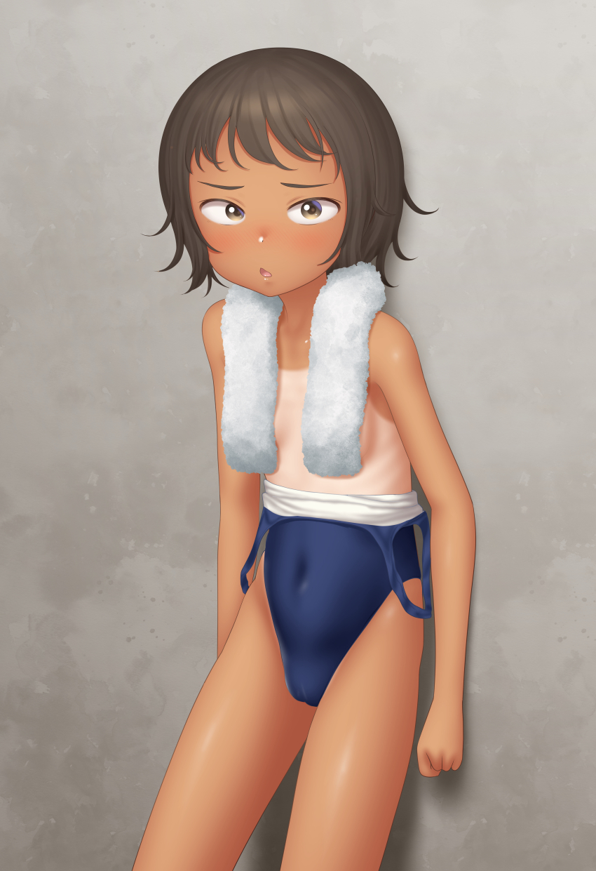 1girl absurdres against_wall blue_one-piece_swimsuit blush brown_eyes brown_hair cameltoe clothes_pull covered_navel cowboy_shot female_focus highres looking_at_viewer one-piece_swimsuit one-piece_swimsuit_pull original paid_reward_available parted_lips sc_naru school_swimsuit short_hair solo swimsuit thighs tomboy towel towel_around_neck towel_over_breasts