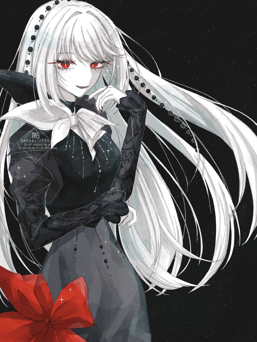 1girl :d aster_(sterdust_08) black_background black_nails black_shirt floating_hair grey_skirt hand_up hashtag-only_commentary highres long_hair looking_at_viewer neckerchief open_mouth pearl_hair_ornament red_eyes reverse:1999 semmelweis_(reverse:1999) shirt skirt smile solo upper_body very_long_hair white_hair white_neckerchief