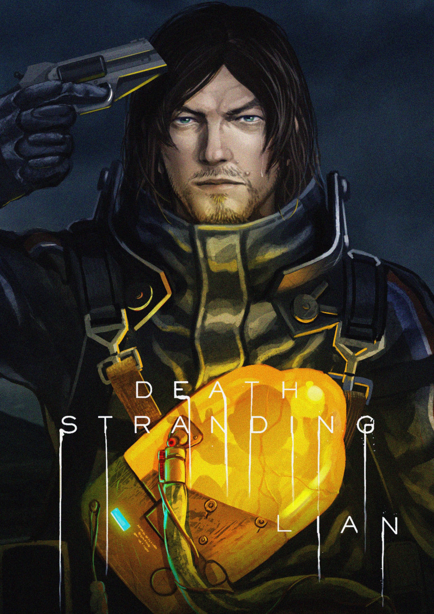 1boy absurdres artist_name beard black_hair blue_eyes copyright_name crying crying_with_eyes_open death_stranding facial_hair fetus finger_on_trigger glowing gun gun_to_head handgun highres holding holding_gun holding_weapon jumpsuit lian_(escaperecidivist) male_focus mole mole_above_mouth parted_bangs pistol sam_porter_bridges solo tears umbilical_cord weapon