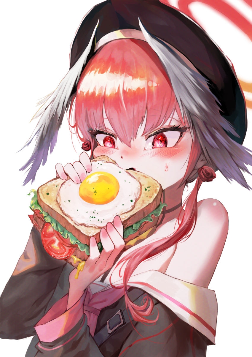 1girl absurdres black_hat black_shirt black_wings blue_archive blush cheese eating egg feather_hair_ornament feathers food hair_ornament hat highres holding holding_food holding_sandwich koharu_(blue_archive) kongaru_123 lettuce looking_at_object pink_eyes pink_hair pink_ribbon ribbon sailor_collar sandwich shirt single_bare_shoulder sweatdrop tomato twintails white_sailor_collar wings