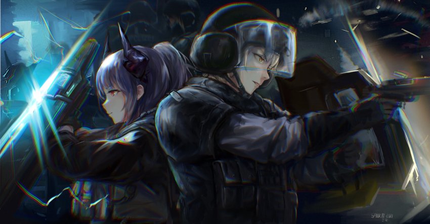 1boy 1girl arknights back-to-back ballistic_face_shield ballistic_helmet ballistic_shield blitz_(rainbow_six_siege) blonde_hair dazzler_(weapon) dragon_girl dragon_horns electricity electroshock_weapon energy flash_shield flashlight g52-tactical_shield glowing glowing_shield glowing_weapon gun helmet highres holding holding_weapon horns less-than-lethal_weapon liskarm_(arknights) liskarm_(overload)_(arknights) military military_uniform official_alternate_costume rainbow_six_siege sawkm shield stun_shield visor visor_(armor) weapon