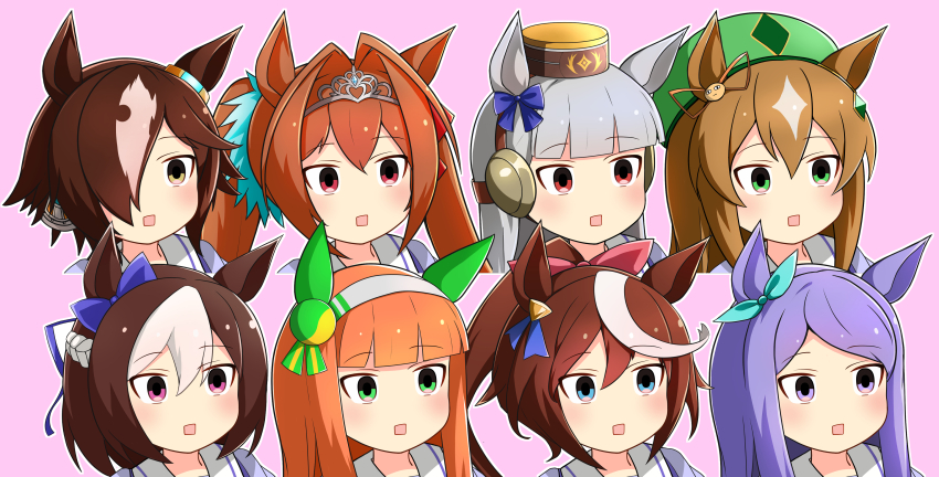 6+girls absurdres animal_ears blue_bow blunt_bangs blush borrowed_character bow braid brown_eyes brown_hair daiwa_scarlet_(umamusume) ear_bow ear_covers genderswap genderswap_(mtf) gintama gold_ship_(umamusume) gomennasai_nanoda_(meme) green_eyes green_hat grey_hair hair_intakes hair_over_one_eye hair_ribbon hairband hat highres hime_cut horse_ears horse_girl just_a_way_(racehorse) justaway kuma_jet_(style) long_hair mejiro_mcqueen_(umamusume) meme meso_(zgmf-xv) multicolored_hair multiple_girls orange_hair original parody personification pillbox_hat pink_background purple_bow purple_eyes purple_ribbon red_eyes ribbon school_uniform short_hair silence_suzuka_(umamusume) simple_background special_week_(umamusume) streaked_hair style_parody tiara tokai_teio_(umamusume) tracen_school_uniform twintails two-tone_hair umamusume umamusume_tanuki umayon vodka_(umamusume) white_hair white_hairband