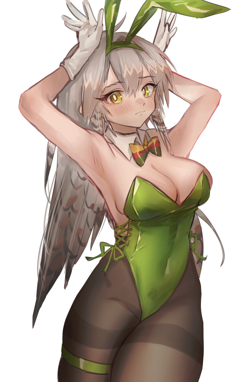 1girl absurdres animal_ears arknights armpits arms_up bare_shoulders black_pantyhose blush breasts cleavage closed_mouth collar detached_collar fake_animal_ears fartooth_(arknights) gloves green_hairband grey_hair hair_between_eyes hairband highres kaguura_(kagu) leotard long_hair looking_at_viewer medium_breasts pantyhose playboy_bunny rabbit_ears simple_background skindentation solo strapless strapless_leotard thigh_strap thighband_pantyhose very_long_hair white_background white_collar white_gloves wing_collar yellow_eyes