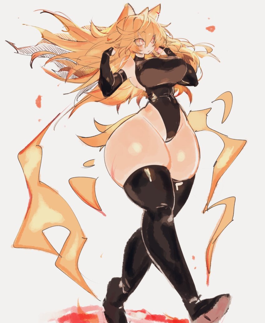 1girl @_@ animal_ears aura black_leotard black_thighhighs blonde_hair blush breasts curvy female_focus fleetway_super_sonic floating_hair hands_in_hair hedgehog_girl highres humanization large_breasts leotard looking_to_the_side messy_hair red_eyes short_tail simple_background skin_tight solo sonic_(series) sonic_the_comic sonic_the_hedgehog super_sonic tail thick_thighs thighhighs thighs usa37107692 white_background wide_hips