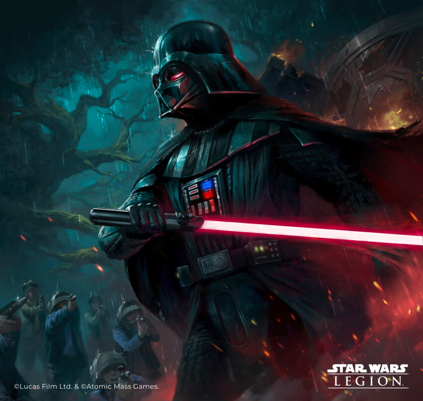 6+boys absurdres alifka_hammam_nugroho black_cape black_gloves black_helmet cape copyright_logo copyright_name darth_vader embers energy_sword english_text gloves gun helmet highres holding holding_gun holding_sword holding_weapon lightsaber multiple_boys rebel_soldier_(star_wars) red_lightsaber solo_focus star_wars star_wars_legion sword tree weapon
