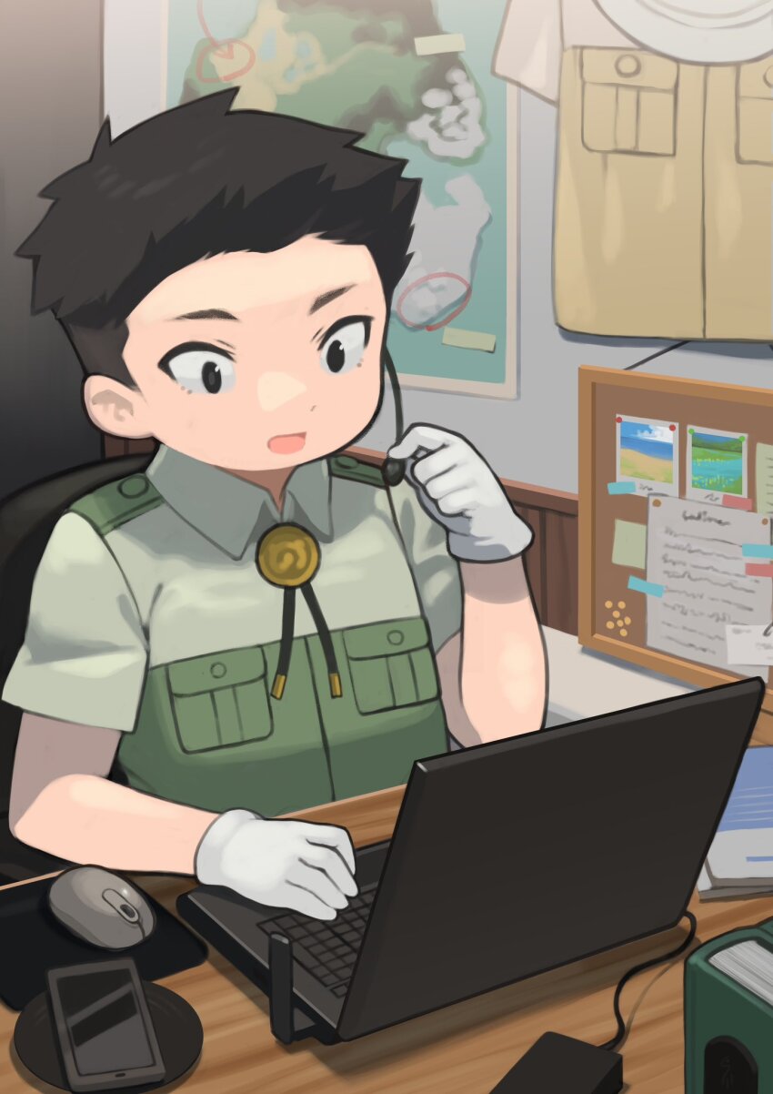 1boy black_eyes black_hair bow bowtie captain_(kemono_friends) cellphone computer desk gloves green_skirt highres indoors japari_symbol kemono_friends kemono_friends_3 map microphone computer_mouse phone rinx shirt short_hair skirt smartphone white_gloves