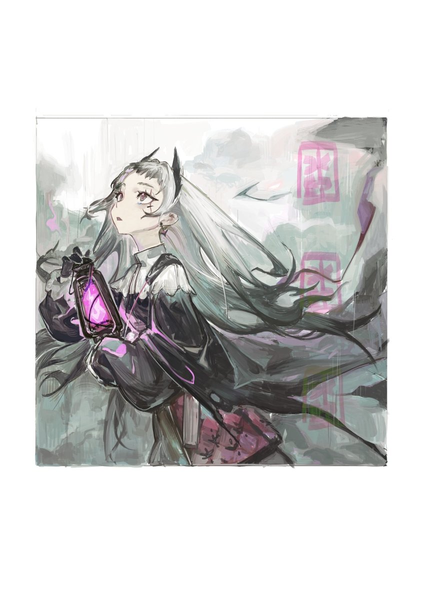1girl arknights black_dress black_gloves border commentary_request dress earrings gloves grey_background grey_eyes grey_hair gun handgun head_wings highres holding holding_lantern holstered irene_(arknights) jewelry lantern long_hair long_sleeves looking_up multicolored_dress pink_dress pipidan red_pupils scar scar_across_eye scar_on_face solo weapon white_border white_dress wings