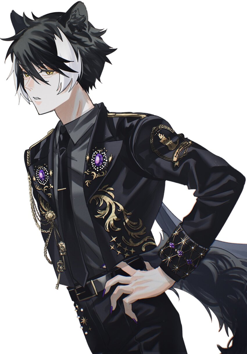 1boy animal_ear_fluff animal_ears belt belt_buckle black_belt black_hair black_jacket black_necktie black_pants buckle collared_shirt cosplay cowboy_shot dutch_angle fingernails gem grey_shirt hair_between_eyes hand_on_own_hip highres holostars jackal_boy jackal_ears jackal_tail jacket kageyama_shien long_fingernails looking_at_viewer male_focus momiage_40 multicolored_hair necktie open_clothes open_jacket pants parted_lips purple_gemstone purple_nails shirt short_hair simple_background slit_pupils solo standing streaked_hair twisted_wonderland two-tone_hair virtual_youtuber white_background white_hair wing_collar yellow_eyes