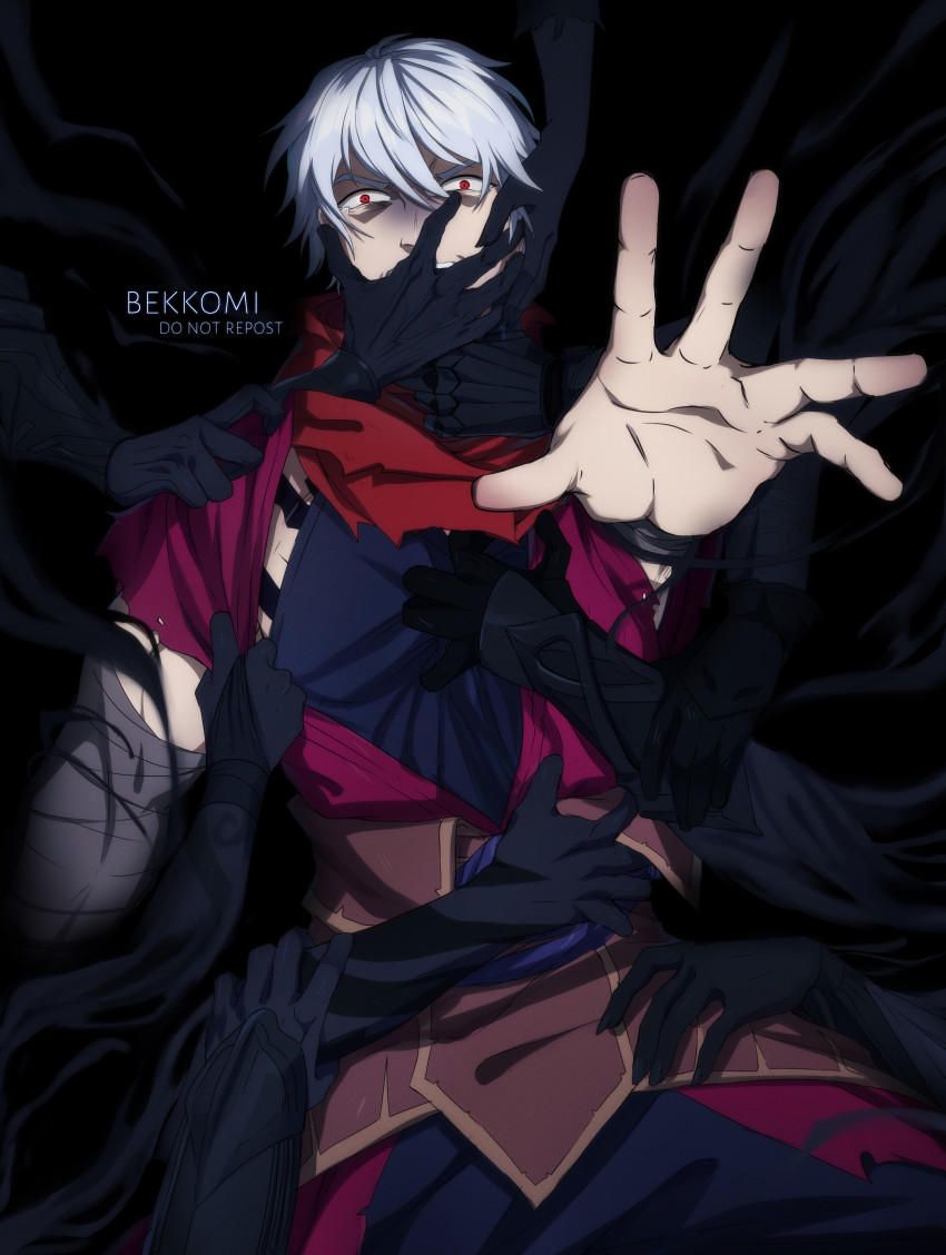 1boy absurdres alternate_costume arm_up artist_name bandaged_arm bandages bekkomi black_gloves black_nails black_pants black_skin colored_skin commentary english_commentary gloves grabbing grey_hair hair_between_eyes hand_on_another&#039;s_mouth hand_up highres league_of_legends looking_at_viewer male_focus multiple_others nail_polish pants red_eyes red_scarf scarf short_hair short_sleeves torn_clothes torn_scarf zed_(league_of_legends)