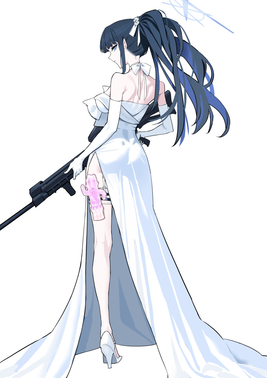 1girl amanattou_shigure bare_shoulders black_hair blue_archive blue_eyes blue_hair blue_halo breasts choker colored_inner_hair dress elbow_gloves gloves gun halo high_heels highres holding holding_gun holding_weapon large_breasts long_hair multicolored_hair official_alternate_costume saori_(blue_archive) saori_(dress)_(blue_archive) sidelocks sig_516 strapless strapless_dress thigh_sheath thighhighs weapon white_choker white_dress white_gloves white_thighhighs