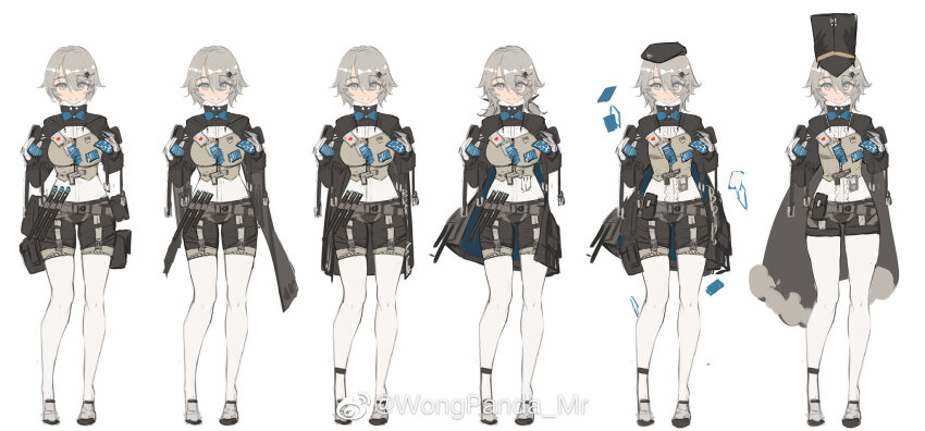 1girl bad_id bad_weibo_id bahao_diqiu boots concept_art full_body girls&#039;_frontline grey_hair hat highres kolibri_(girls&#039;_frontline) looking_at_viewer pantyhose short_hair short_shorts shorts simple_background solo watermark weibo_watermark white_background white_pantyhose