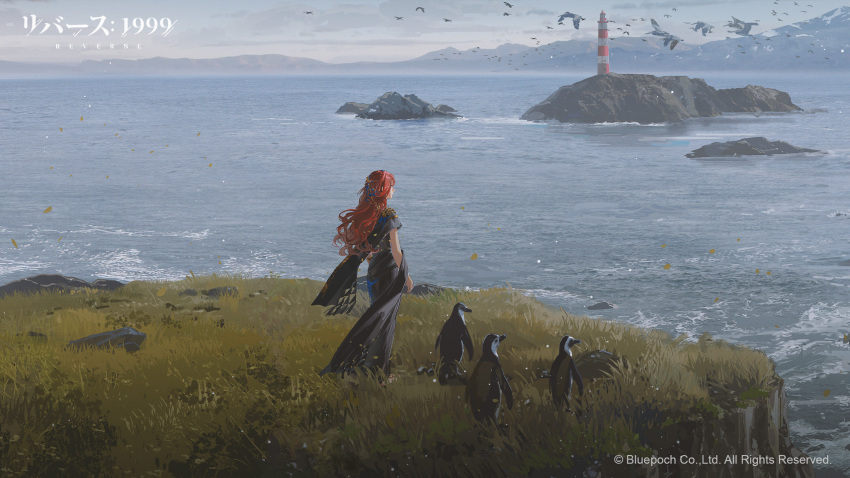 1girl bird black_dress cliff copyright_name copyright_notice day dress grey_sky hair_ornament highres logo long_dress long_hair mountainous_horizon nature ocean official_art official_wallpaper on_grass outdoors penguin profile red_hair reverse:1999 rock scenery sky solo sophia_(manus_vindictae)_(reverse:1999) sophia_(reverse:1999) standing very_long_hair wide_shot