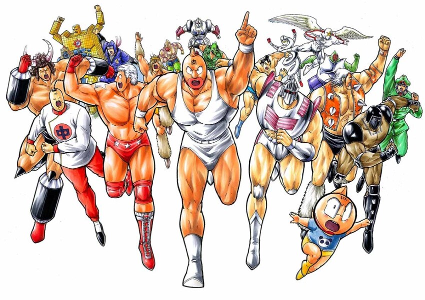 1980s_(style) 6+boys abs alexandria_meat angel_wings ashuraman biceps big_the_budo blonde_hair brocken_jr. buffaloman chinese_clothes clenched_hands dated fighting_stance geronimo_(kinnikuman) helmet index_finger_raised jumping kinniku_suguru kinnikuman kinnikuman_(character) kinnikuman_soldier kinnikuman_super_phoenix large_pectorals logo looking_at_viewer manly military military_uniform monster_boy multiple_boys muscular neptuneman oldschool pectorals pentagon_(character) ramenman red_eyes retro_artstyle rikishiman robin_mask running serious short_hair shoulder_tattoo signature smile springman_(kinnikuman) star_(symbol) tattoo terryman the_ninja_(kinnikuman) title warsman wings wrestling wrestling_outfit wristband yudetamago