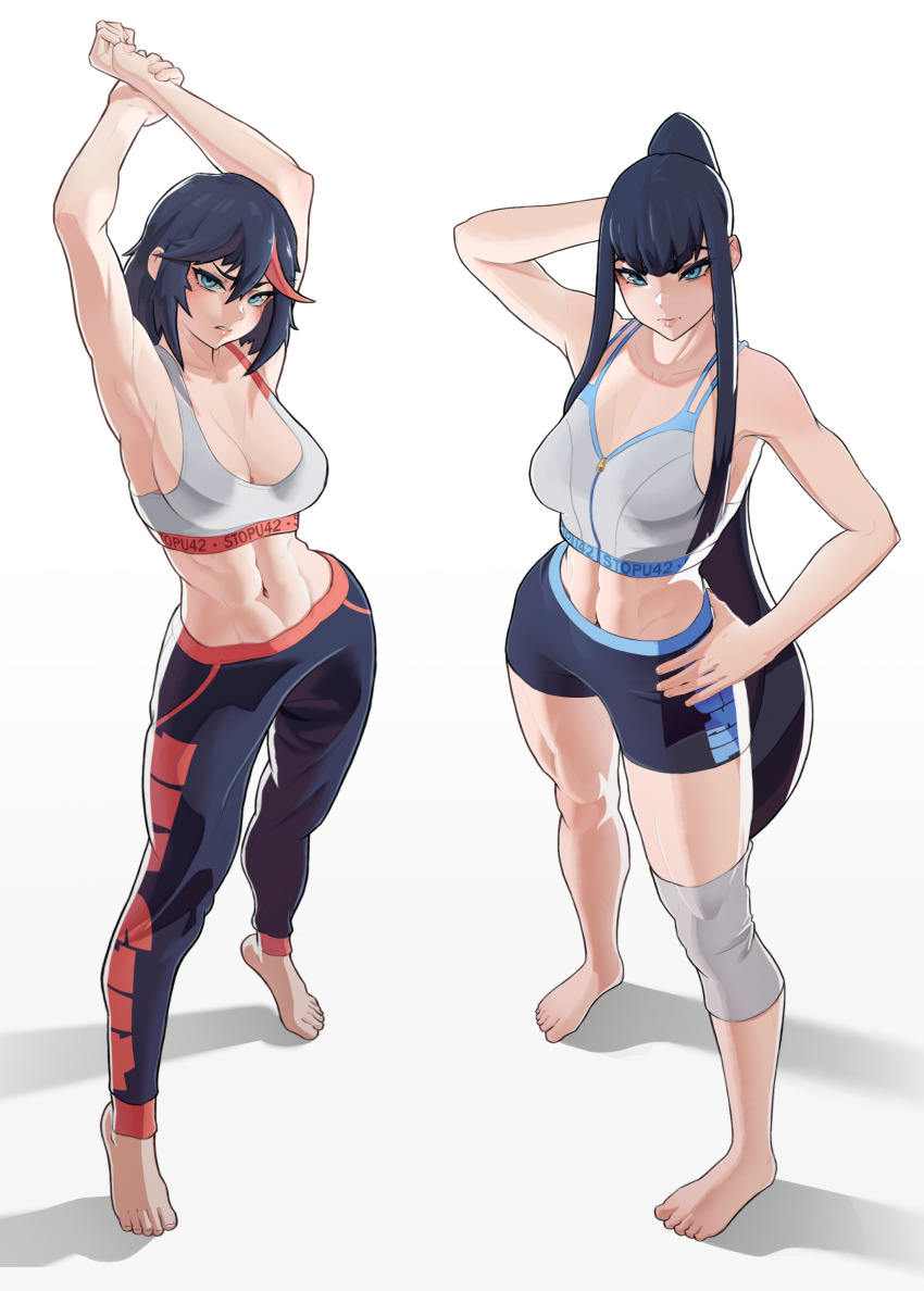 2girls abs absurdres arms_up barefoot black_hair breasts cleavage closed_mouth collarbone commentary english_commentary female_focus full_body hair_between_eyes hand_on_own_hip highres kill_la_kill kiryuuin_satsuki looking_at_viewer matoi_ryuuko midriff multicolored_hair multiple_girls muscular muscular_female navel open_mouth red_hair short_hair siblings simple_background sisters standing stopu streaked_hair