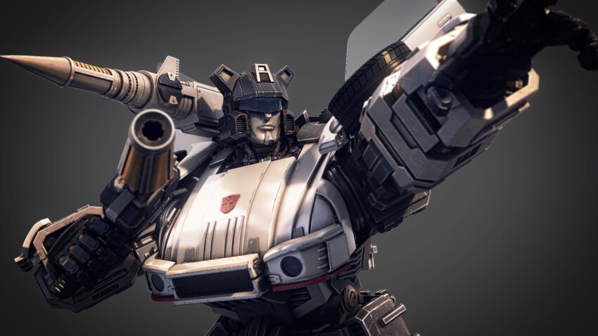 3d absurdres autobot commentary concept_art emblem energy_cannon energy_gun english_commentary highres jazz_(transformers) machinery mecha pointing ray_gun realistic rex2017 robot rocket_launcher science_fiction shoulder_cannon transformers upper_body weapon