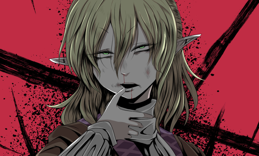 1girl bags_under_eyes blonde_hair blood blood_on_face brown_shirt green_eyes hair_between_eyes long_bangs mizuhashi_parsee open_mouth pointy_ears red_background scarf sei_no_ji shirt short_hair solo touhou upper_body v-shaped_eyebrows white_scarf