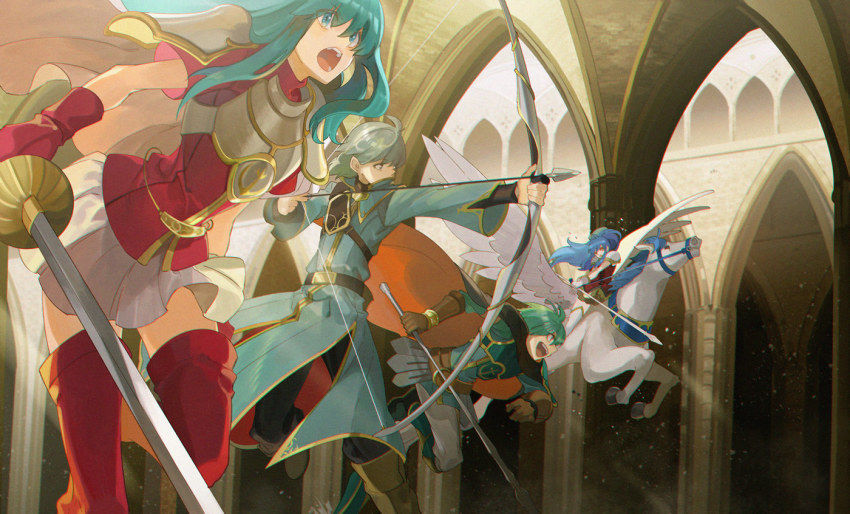 2boys 2girls ahoge armor arrow_(projectile) blonde_hair blue_hair boots bow_(weapon) brother_and_sister cape eirika_(fire_emblem) ephraim_(fire_emblem) fire_emblem fire_emblem:_the_sacred_stones gloves green_hair holding holding_bow_(weapon) holding_weapon horseback_riding innes_(fire_emblem) long_hair multiple_boys multiple_girls nintendo noki_(affabile) pegasus pegasus_knight_uniform_(fire_emblem) riding siblings skirt smile tana_(fire_emblem) thighhighs twins weapon