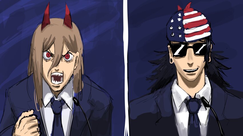 1boy 1girl absurdres american_flag american_flag_print bandana black_hair blue_jacket blue_necktie brown_hair chainsaw_man cross-shaped_pupils crossover flag_print getou_suguru getou_suguru_(kenjaku) highres horns jacket jujutsu_kaisen long_hair microphone necktie power_(chainsaw_man) red_eyes red_horns sharp_teeth shirt suit_jacket sunglasses symbol-shaped_pupils teeth titann white_shirt