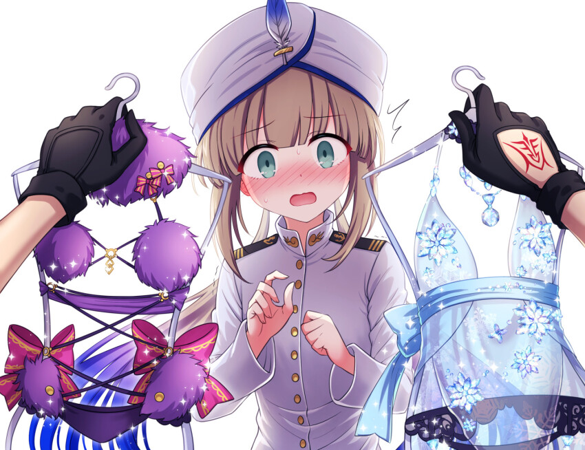 1boy artoria_pendragon_(lancer_alter)_(fate) artoria_pendragon_(royal_icing)_(fate) blue_hair blush captain_nemo_(fate) captain_nemo_(first_ascension)_(fate) clothes_hanger fate/grand_order fate_(series) gradient_hair green_eyes hat_feather highres holding holding_clothes_hanger light_brown_hair long_hair long_sleeves male_focus mash_kyrielight mash_kyrielight_(dangerous_beast) military_uniform multicolored_hair naval_uniform nemo_(fate) nose_blush open_mouth shell_ocean solo_focus trap turban twintails