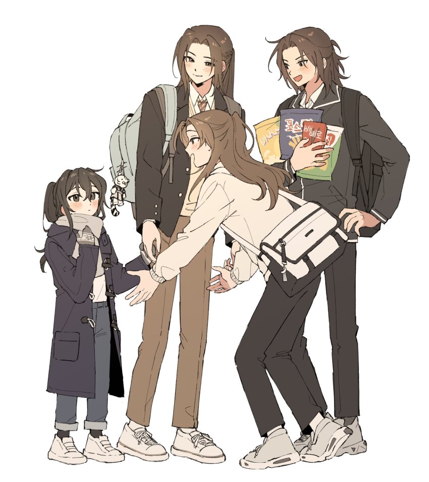 4boys aged_down backpack baek_eon bag bent_over bibi_(p_pp8888) black_coat black_eyes black_hair black_jacket black_pants blue_pants blush box brown_eyes brown_hair brown_pants brown_vest coat collared_shirt food full_body gloves half_updo high_ponytail highres holding holding_food holding_hands hyo_wol jacket jinhongi long_hair long_sleeves looking_up multiple_boys necktie open_mouth pants ponytail scarf school_uniform seol_young shirt shoes shoulder_bag smile sneakers song_ok standing stuffed_animal stuffed_toy sweater vest white_background white_footwear white_scarf white_shirt white_sweater
