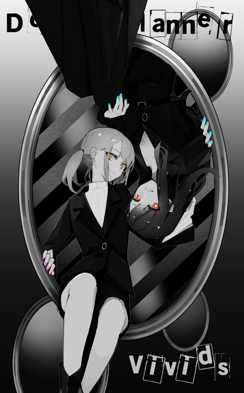 2girls absurdres azusawa_kohane blue_nails closed_mouth dress fingernails full_body greyscale highres jingzhaowhale long_hair long_sleeves looking_at_viewer mirror monochrome multiple_girls nail_polish orange_eyes parted_lips pink_nails project_sekai shiraishi_an smile spot_color twintails yellow_eyes