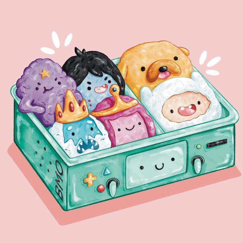 abbey_and_bear adventure_time bento character-themed_food commentary english_commentary finn_the_human food_focus ice_king jake_the_dog lumpy_space_princess marceline_abadeer no_humans notice_lines pink_background princess_bonnibel_bubblegum shadow simple_background