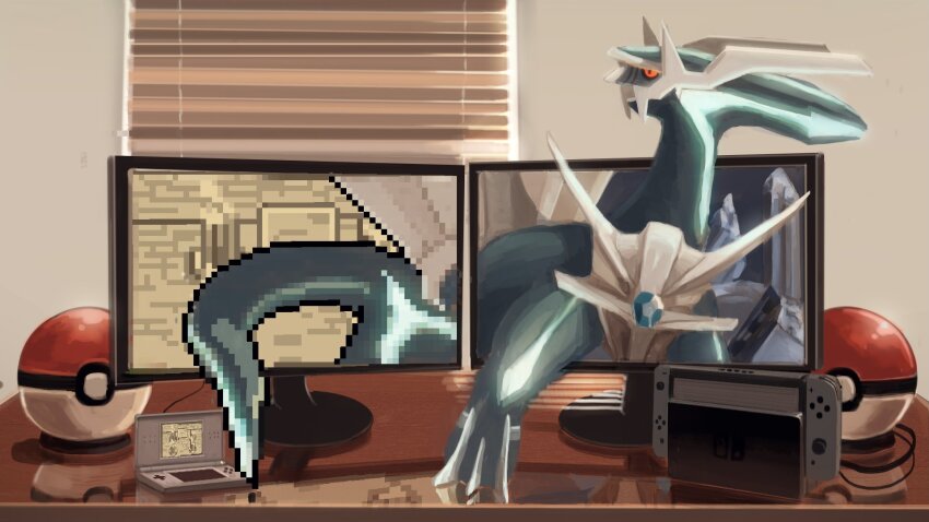 animal_focus black_sclera blue_gemstone cable colored_sclera commentary_request dialga game_console gem gen_4_pokemon handheld_game_console highres indoors king_joe_(neoroto) legendary_pokemon monitor nintendo nintendo_ds nintendo_ds_lite nintendo_switch no_humans pixel_art poke_ball poke_ball_(basic) poke_ball_theme pokemon pokemon_(creature) pokemon_bdsp pokemon_dppt pokemon_focus red_eyes reflection solo through_medium through_screen window_blinds
