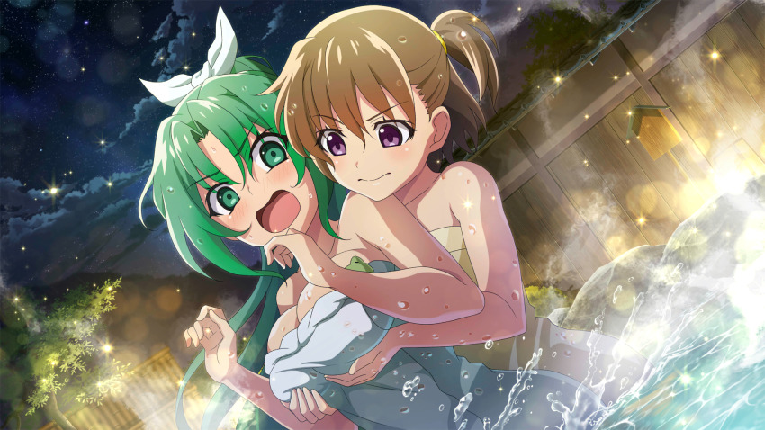 2girls akasaka_miyuki bamboo_fence bow bow_hairband breasts brown_hair closed_mouth cloud cloudy_sky cowboy_shot embarrassed fence game_cg grabbing_another&#039;s_breast grabbing_from_behind green_eyes green_hair groping hairband high_ponytail highres higurashi_no_naku_koro_ni higurashi_no_naku_koro_ni_mei lens_flare long_hair looking_at_another multiple_girls naked_towel night night_sky non-web_source official_art one_side_up onsen open_mouth outdoors partially_submerged ponytail purple_eyes rock short_hair sky sonozaki_mion sparkle splashing steam towel tree water white_bow wooden_fence