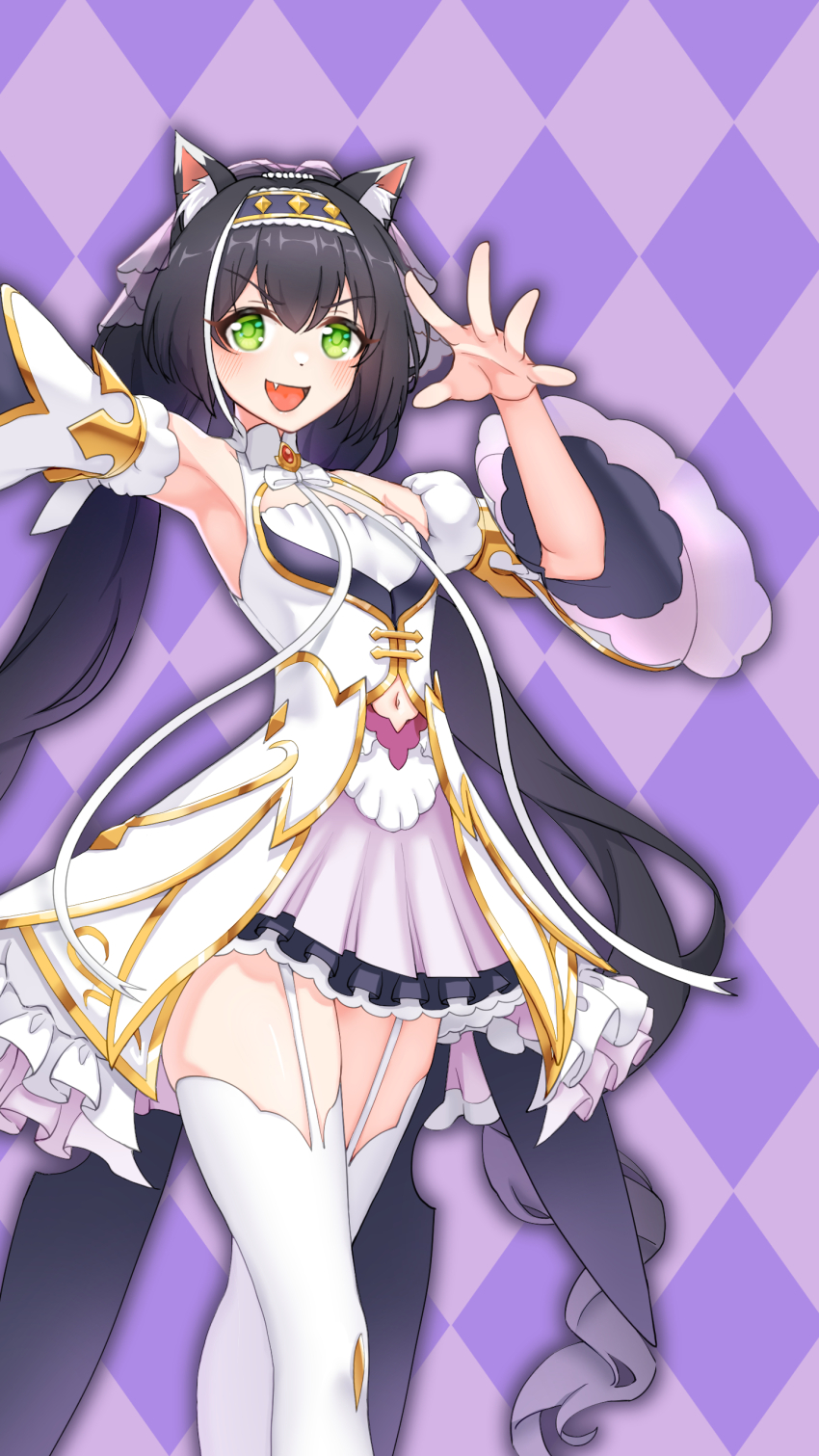 1girl absurdres animal_ears black_hair cat_ears clothing_cutout cowboy_shot detached_sleeves fang flat_chest garter_straps green_eyes headband highres kamikili karyl_(princess_connect!) long_hair multicolored_hair navel_cutout open_mouth princess_connect! puffy_sleeves solo streaked_hair thighhighs very_long_hair white_thighhighs