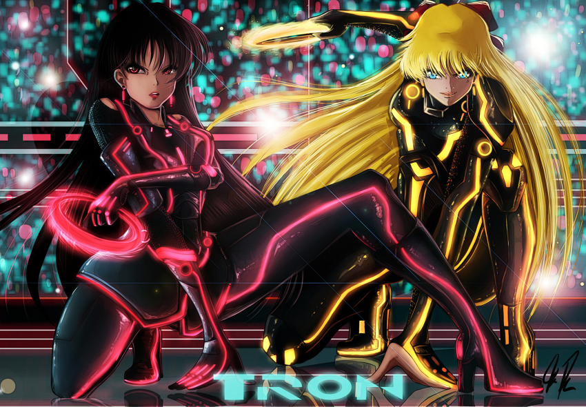 2girls aino_minako bishoujo_senshi_sailor_moon black_hair blonde_hair blue_eyes bodysuit bow copyright_name crossover disc_(tron) earrings full_body hair_bow highres hino_rei jewelry lipstick long_hair makeup multiple_girls neon_trim on_one_knee red_bow red_eyes rozothoth sailor_mars sailor_venus tron very_long_hair weapon