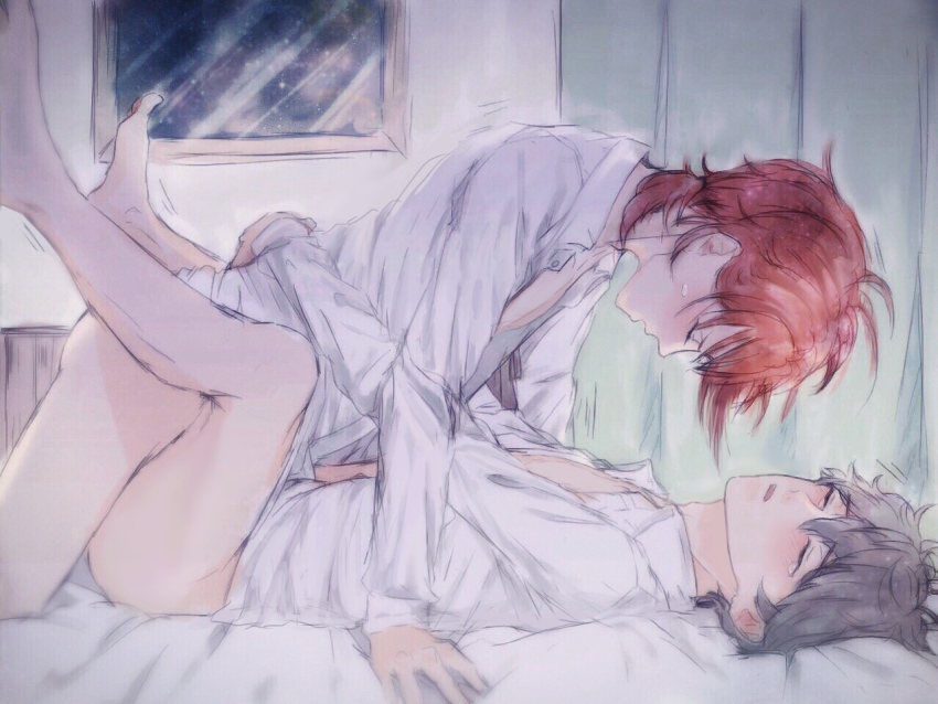 2boys anal bed bottomless closed_eyes clothed_sex dress_shirt ensemble_stars! grey_hair legs_up male_focus male_penetrated missionary multiple_boys red_hair sena_izumi_(ensemble_stars!) sex shirt tagme tsukinaga_leo uqkure window yaoi