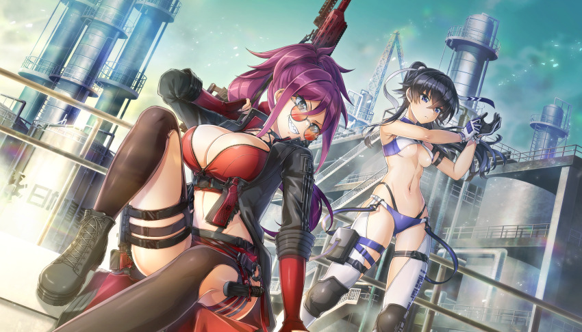 2girls bag bikini black_hair blue_eyes breasts cleavage crossed_bangs dolphin_wave game_cg gloves grey_eyes grin gun hagane_otsuki hair_between_eyes handgun highres jacket kurenashi_yuuri large_breasts long_hair multiple_girls non-web_source official_art ootomo_takuji open_clothes open_jacket ponytail purple_hair round_eyewear sharp_teeth smile swimsuit teeth thigh_strap underboob weapon