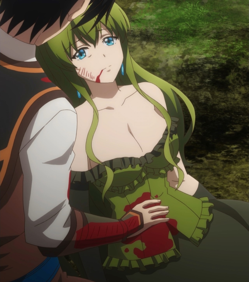 1boy 1girl anastasia_(isekai_cheat_magician) anime_screenshot bare_shoulders blood blue_eyes breasts cleavage dress earrings frilled_dress frills green_dress green_hair highres isekai_cheat_magician jewelry large_breasts long_hair skirt spoilers stitched tagme third-party_edit