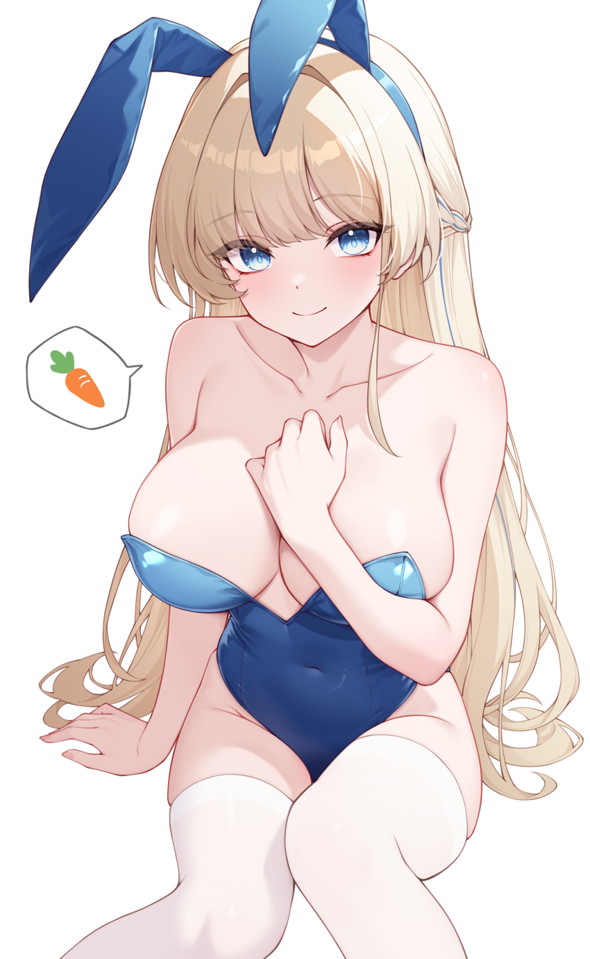 1girl absurdres animal_ears bare_arms bare_shoulders blonde_hair blue_archive blue_eyes blue_hairband blue_leotard blush breasts closed_mouth collarbone covered_navel fake_animal_ears feet_out_of_frame hair_ornament hairband highres large_breasts leotard long_hair looking_at_viewer multicolored_hair official_alternate_costume official_alternate_hairstyle origami_(poinia) paid_reward_available playboy_bunny rabbit_ears simple_background smile solo streaked_hair thighhighs thighs toki_(blue_archive) toki_(bunny)_(blue_archive) white_background white_thighhighs