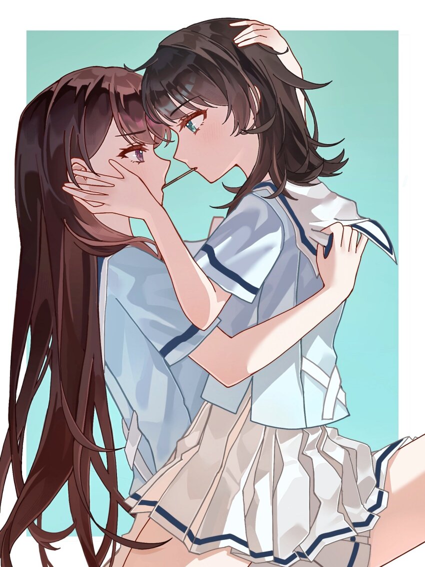 2girls bang_dream! bang_dream!_it&#039;s_mygo!!!!! black_hair blue_background blue_eyes blue_shirt border brown_hair commentary eye_contact food food_in_mouth hanasakigawa_school_uniform hand_on_another&#039;s_face hashtag-only_commentary highres long_hair looking_at_another minon_(momoiminon0420) multiple_girls pleated_skirt pocky pocky_in_mouth pocky_kiss purple_eyes sailor_collar school_uniform shared_food shiina_taki shirt short_sleeves simple_background skirt white_border white_sailor_collar white_skirt yahata_umiri yuri