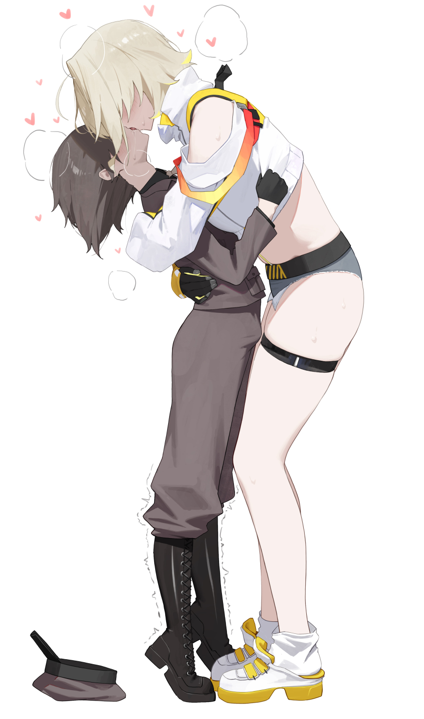 1boy 1girl absurdres black_boots black_hair blonde_hair boots commander_(nikke) commentary elegg_(nikke) french_kiss full_body goddess_of_victory:_nikke heart height_difference hetero highres jacket kiss long_sleeves military_uniform multicolored_hair nikku_nana shoes short_hair short_shorts shorts simple_background standing sweat symbol-only_commentary thigh_strap two-tone_hair white_background white_jacket white_shoes